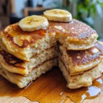 Banana cottage cheese pancakes with syrup and banana slices