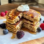 Fluffy cottage cheese oats pancakes stacked with fresh berries and honey drizzle on a plate