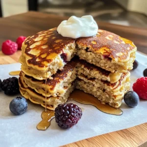 How to Make Cottage Cheese Oats Pancakes at Home 3 Fluffy cottage cheese oats pancakes stacked with fresh berries and honey drizzle on a plate